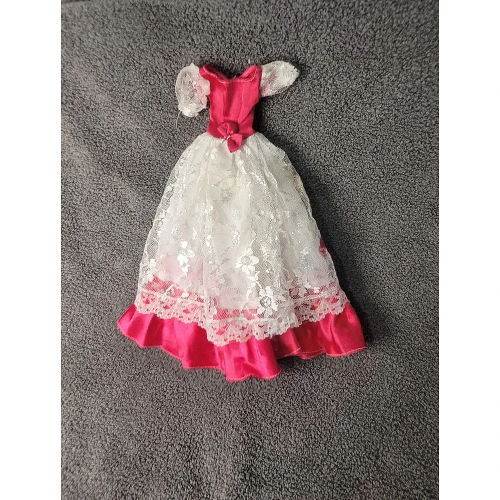 Vintage Pink Satin and White Lace Doll Ball Gown Dress with Puff Sleeves